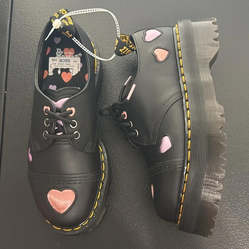 Dr. Martens Black Platform Oxfords with Pink Heart Accents - Picture 11 of 16